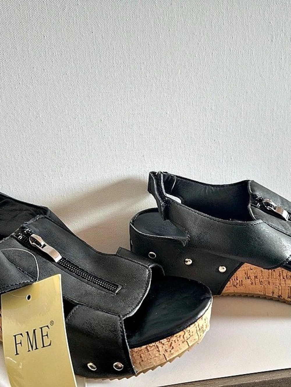 FML  Label Camila Black Cork Wedge Sandals NWT